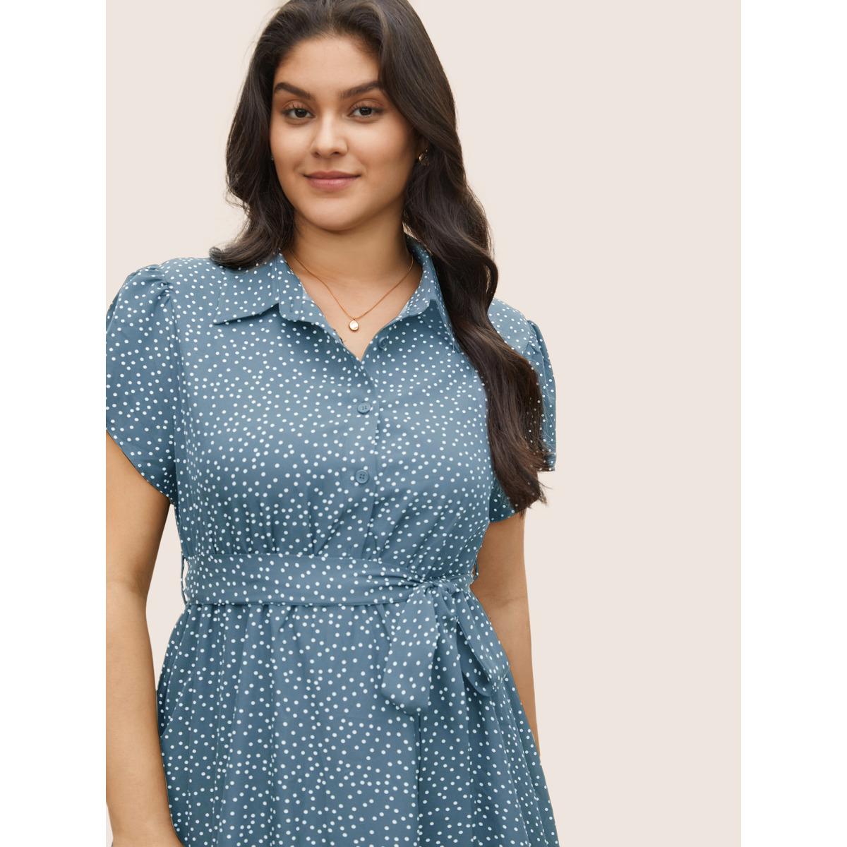 Plus Size Polka Dot Shirt Collar Pocket Button Up Dress Stone Women At the Office Non Shirt collar Short sleeve Curvy Midi Dress BloomChic 18-20/2X Product Image