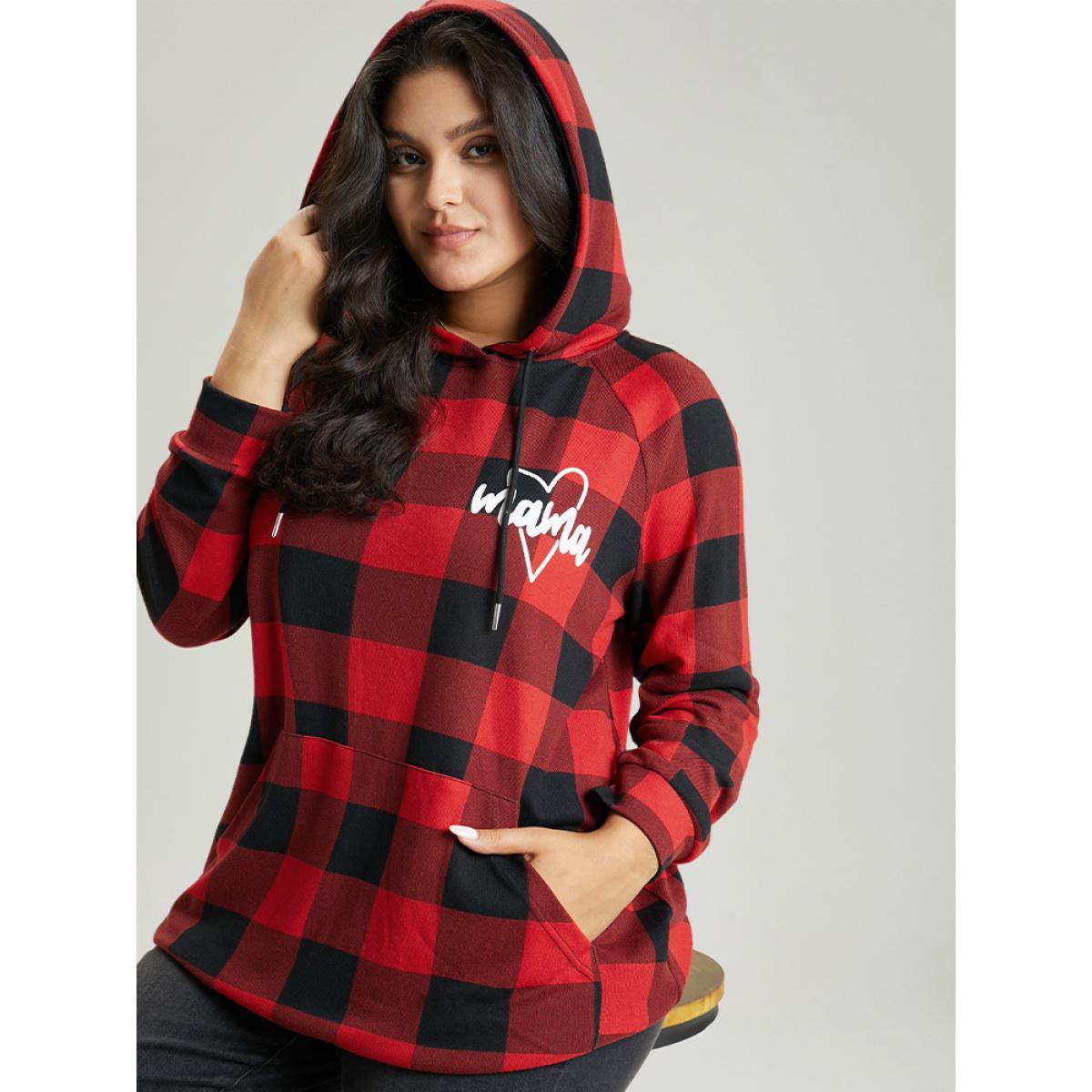 Plus Size Letter Plaid Hooded Drawstring Pocket Sweatshirt Women Red Casual Elastic cuffs Hooded Festival-Christmas Sweatshirts BloomChic 12/L Product Image