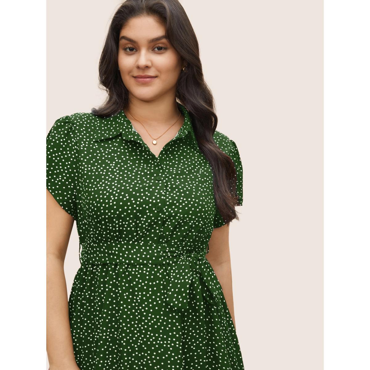 Plus Size Polka Dot Shirt Collar Pocket Button Up Dress DarkGreen Women At the Office Non Shirt collar Short sleeve Curvy Midi Dress BloomChic 30/6X Product Image
