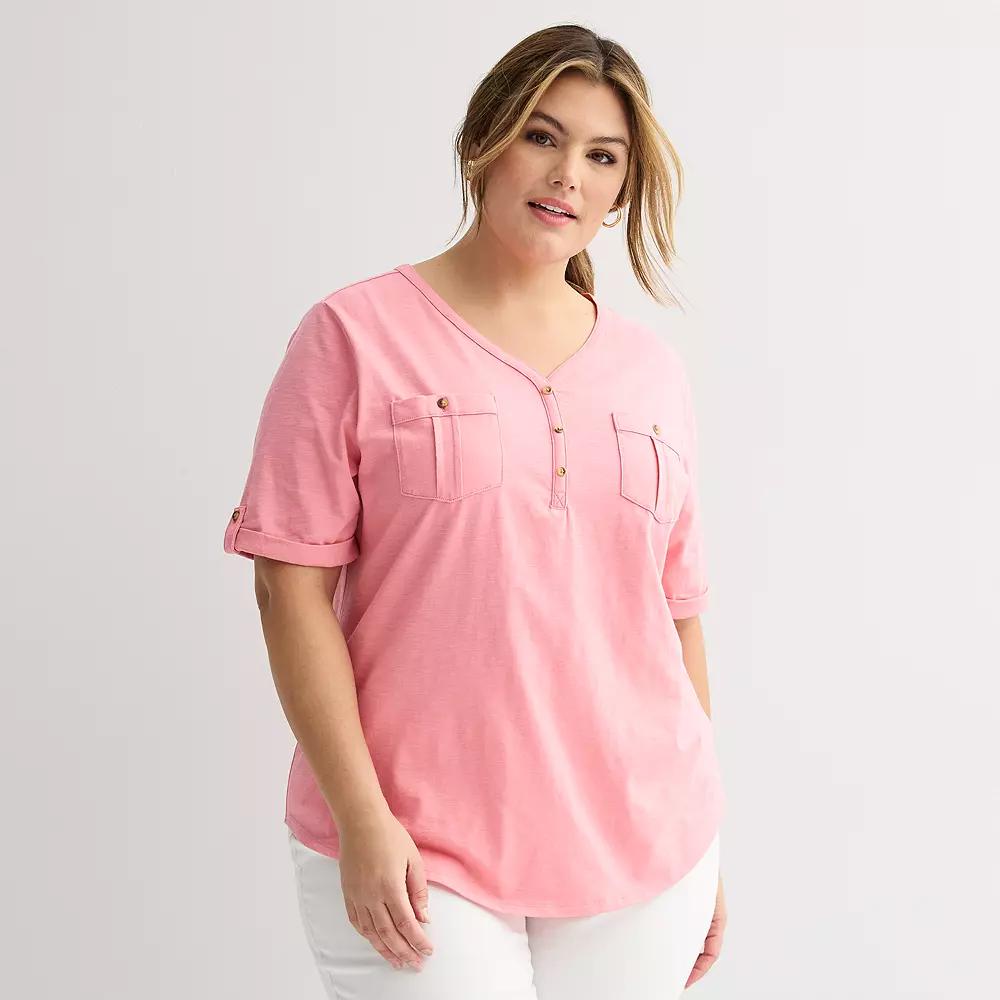 Plus Croft & Barrow® Elbow Sleeve Utility Henley Top, Women's, Size: 0X, Pink Lipstick Product Image