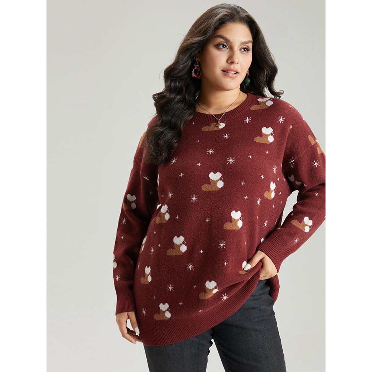 Plus Size Supersoft Essentials Christmas Print Star Round Neck Pullover Scarlet Women Casual Loose Long Sleeve Round Neck Festival-Christmas Pullovers BloomChic 28/5X Product Image