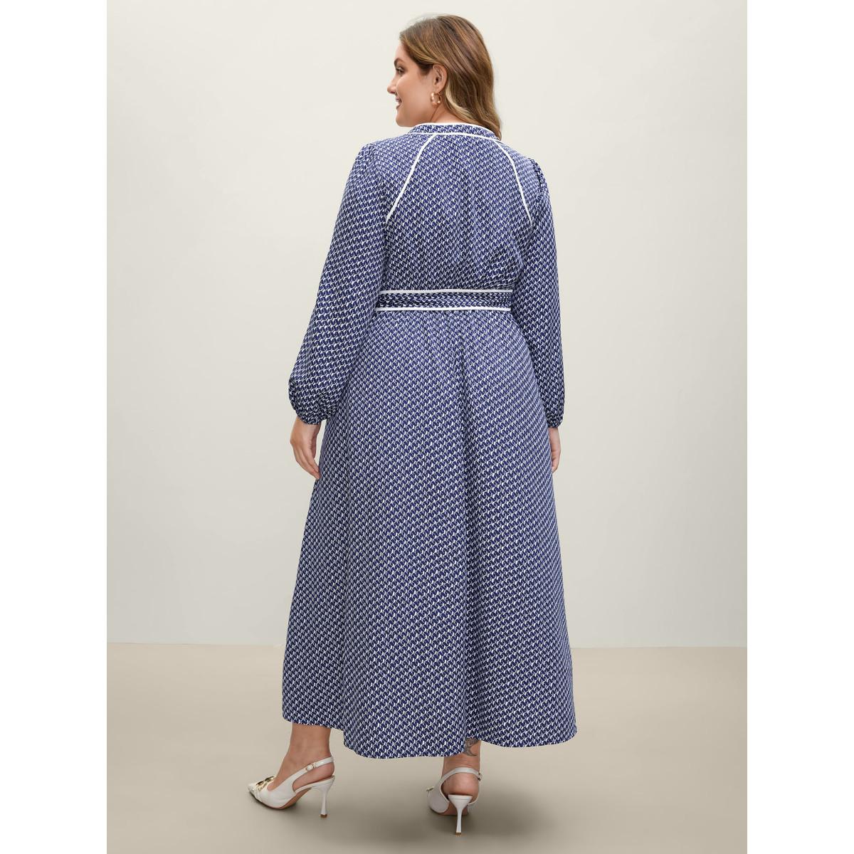 Plus Size Micro Geometric Print Waist-Tie Maxi Dress Navy Women Office Notched collar Long Sleeve Curvy BloomChic 30/6X Product Image