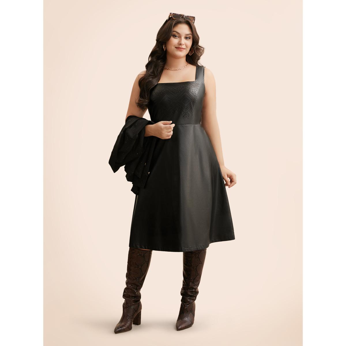 Plus Size Solid PU Leather Laser Cut Dress Black Women Elegant Texture Square Neck Sleeveless Curvy BloomChic 30/6X Product Image