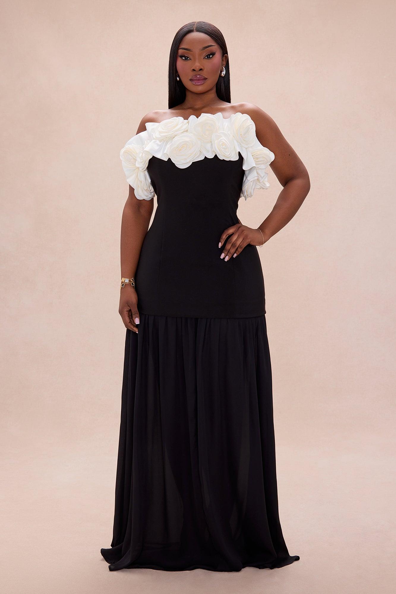 Julianna Drop Waist Rosette Gown - Black/White Female Product Image