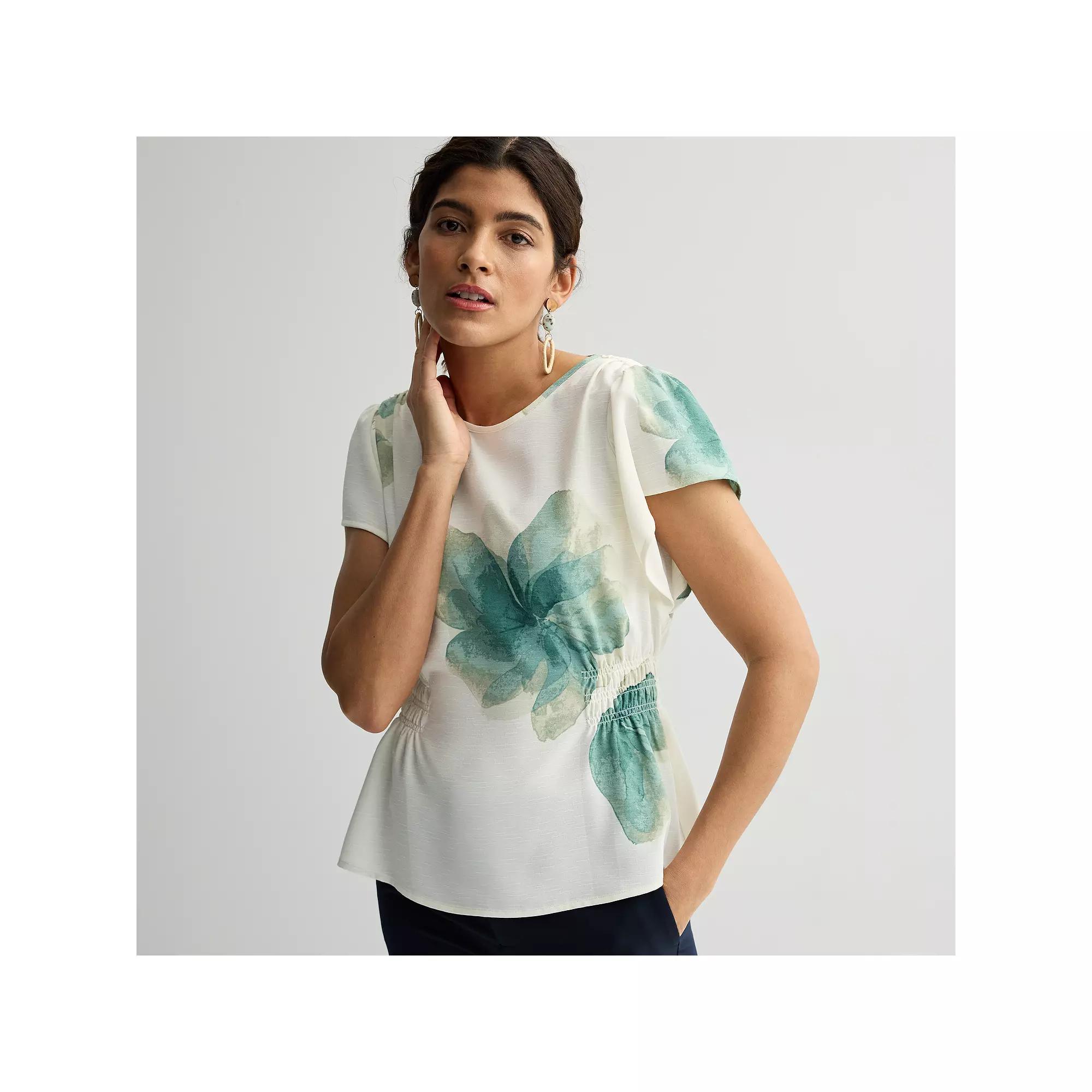 Women's Nine West Cinched Flutter Sleeve Blouse, Size: XXL, White Anna Blooms Product Image