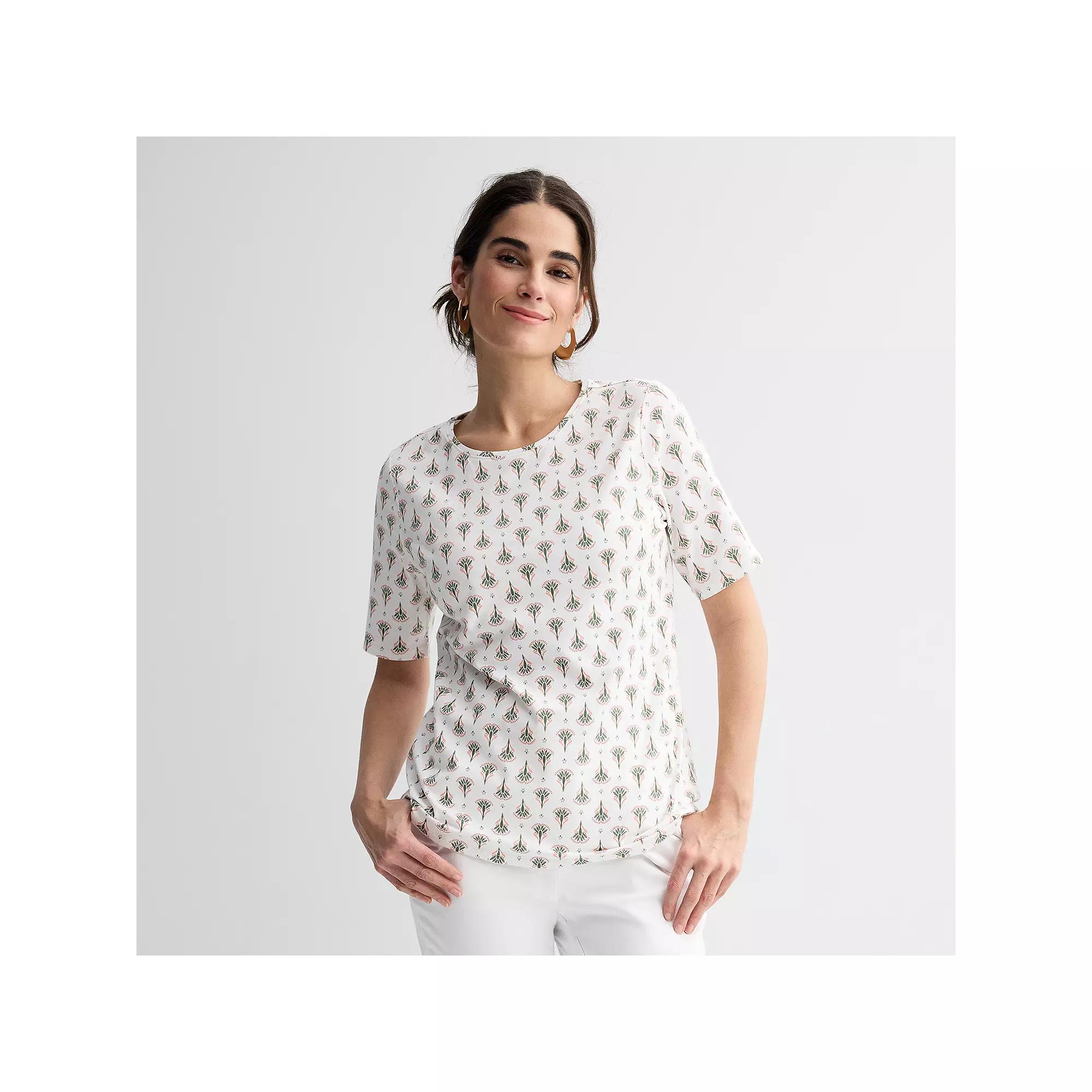 Women's Croft & Barrow® Elbow Sleeve Printed Basic Tee, Size: Medium, Blue Fan Tile Product Image