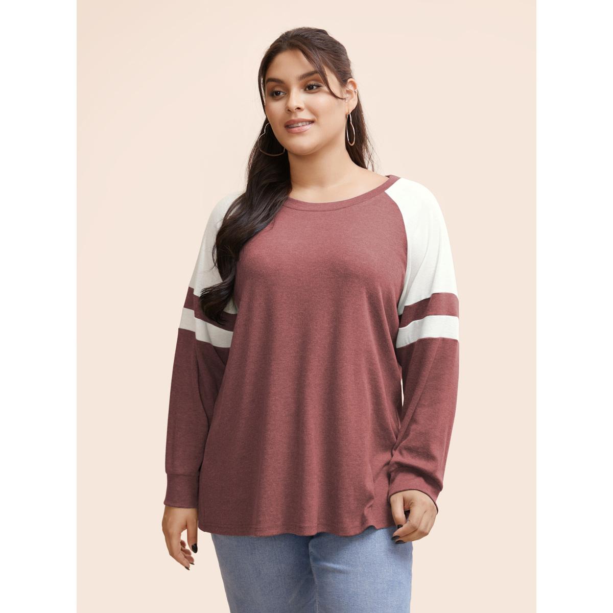 Plus Size Colorblock Contrast Stitch Raglan Sleeve T-shirt Russet Women Casual Elastic cuffs Striped Round Neck Dailywear T-shirts BloomChic 30/6X Product Image