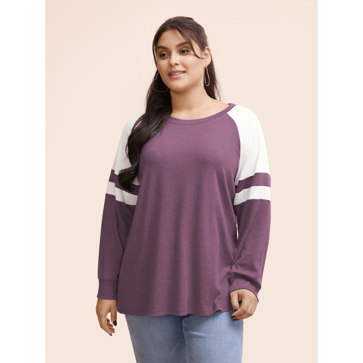 Plus Size Colorblock Contrast Stitch Raglan Sleeve T-shirt Mauve Women Casual Elastic cuffs Striped Round Neck Dailywear T-shirts BloomChic 30/6X Product Image