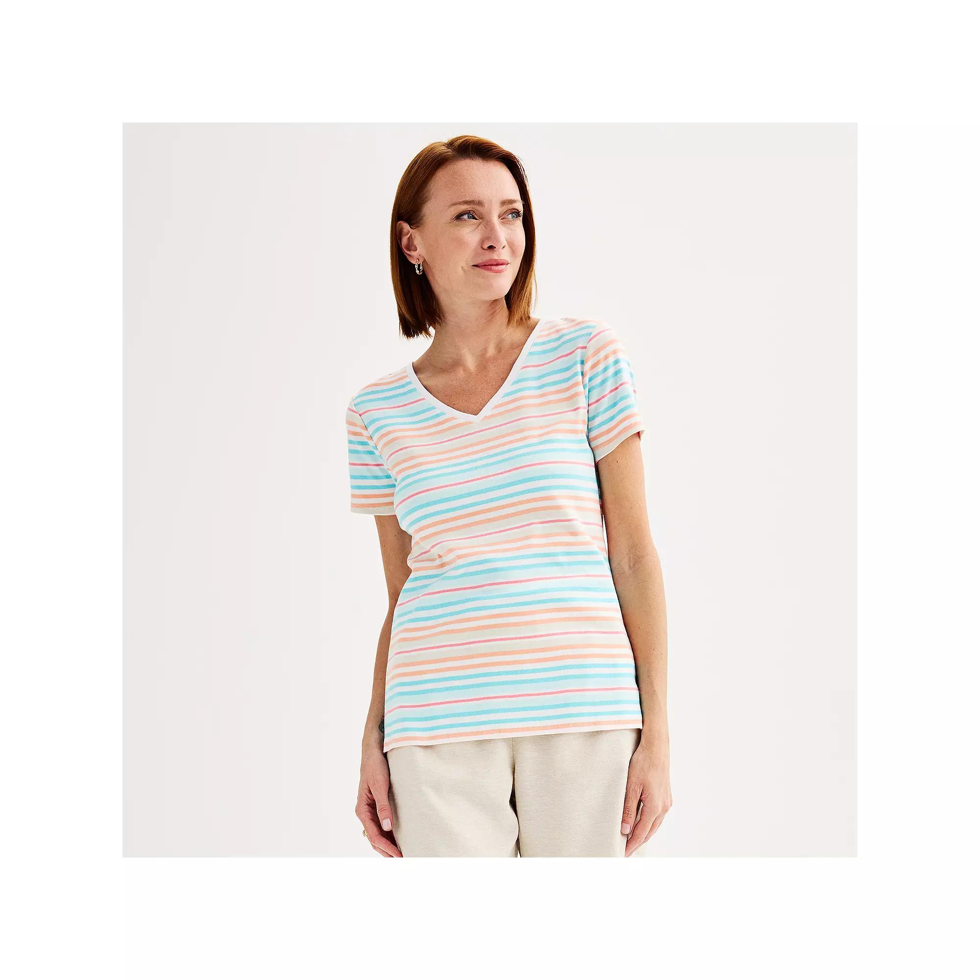 Petite Croft & Barrow® Essential V-Neck Tee, Women's, Size: XS Petite, Black Thin Stripe Product Image