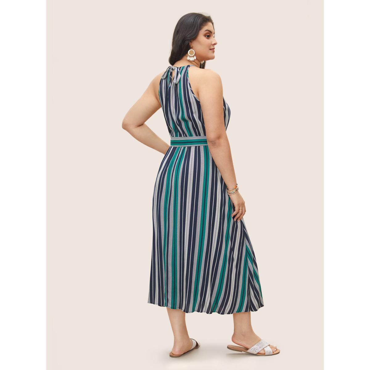 Plus Size Striped Belted Halter Pocket Dress DarkBlue Women Resort Belted Halter neck Sleeveless Curvy Midi Dress BloomChic 18-20/2X Product Image