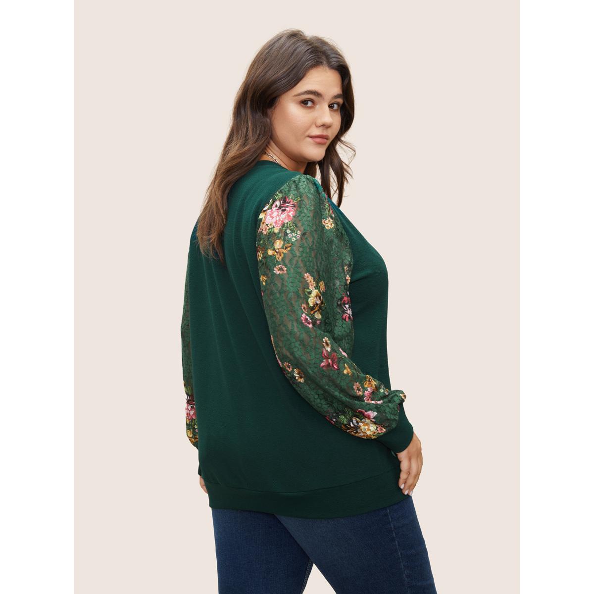 Plus Size Crochet Lace Floral Print Round Neck Sweatshirt Women DarkGreen Elegant Non Round Neck Everyday Sweatshirts BloomChic 30/6X Product Image