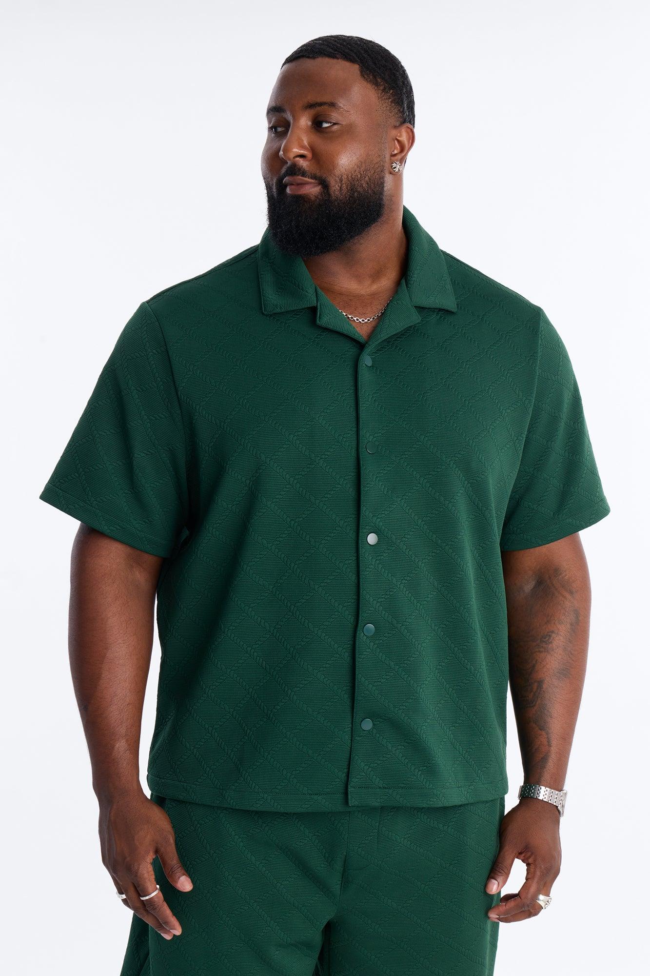 Duke Textured Cuban Button Up Shirt - Hunter Green Male Product Image