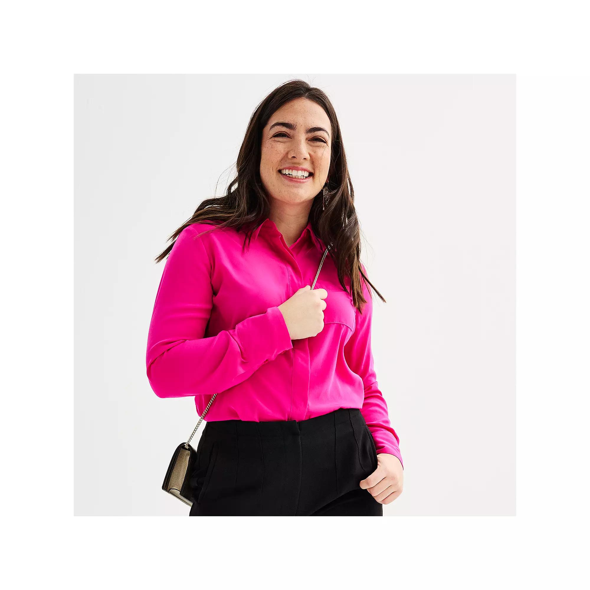 Women's Nine West Adaptive Magnetic Closure Drapey Satin Long Sleeve Shirt,  Product Image