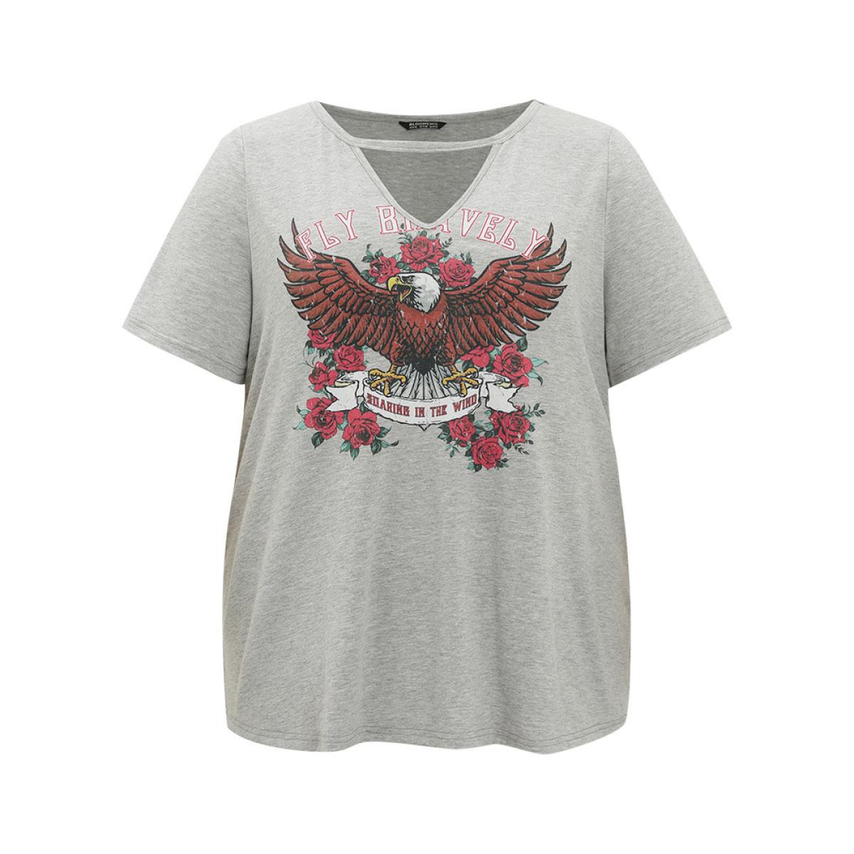 Plus Size Eagle & Floral Print Keyhole Neck T-shirt Gray Women Casual Keyhole Western Dailywear T-shirts BloomChic 10/M Product Image