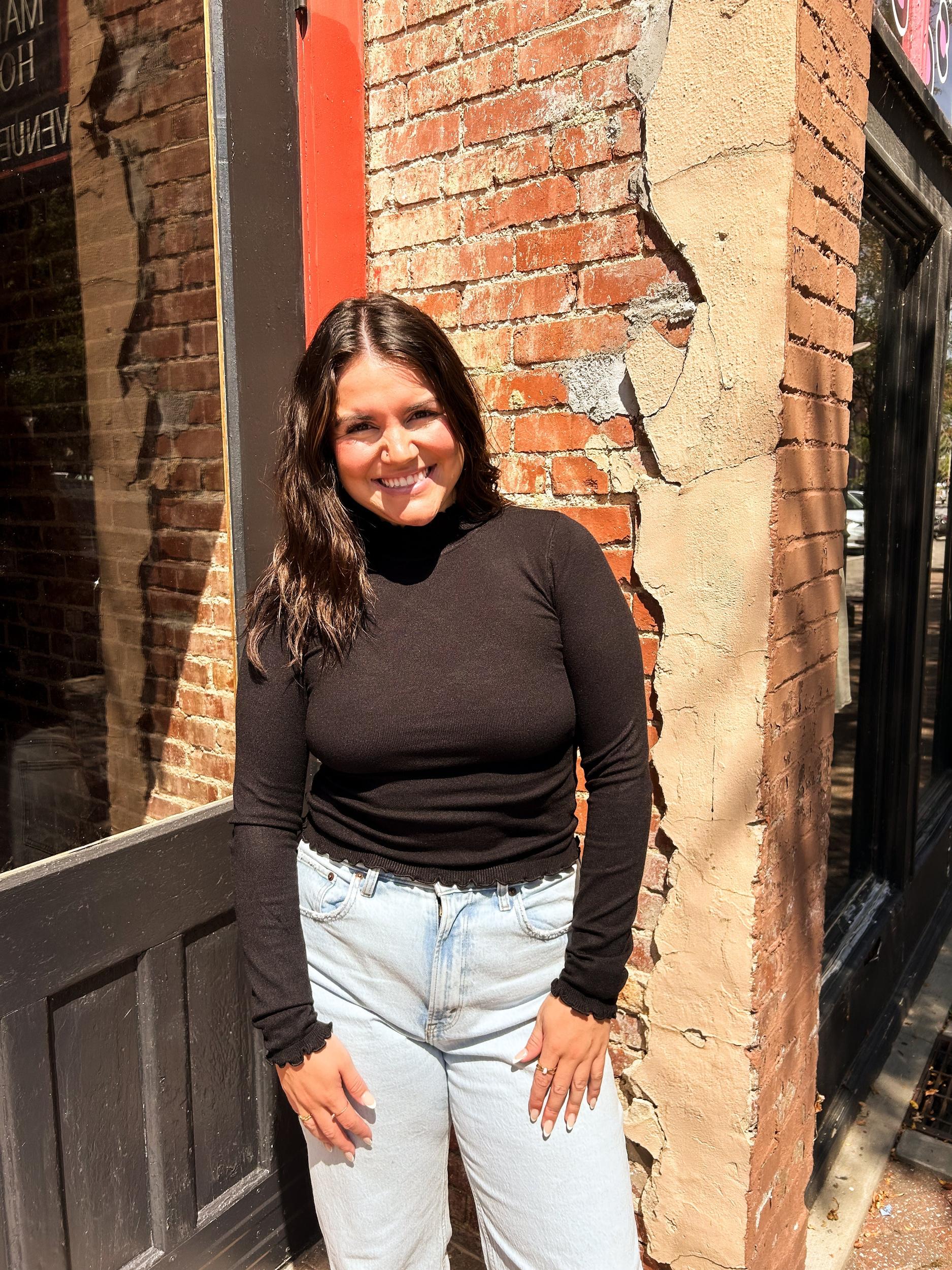 Lettuce Trim Mockneck Sweater Top Black Product Image