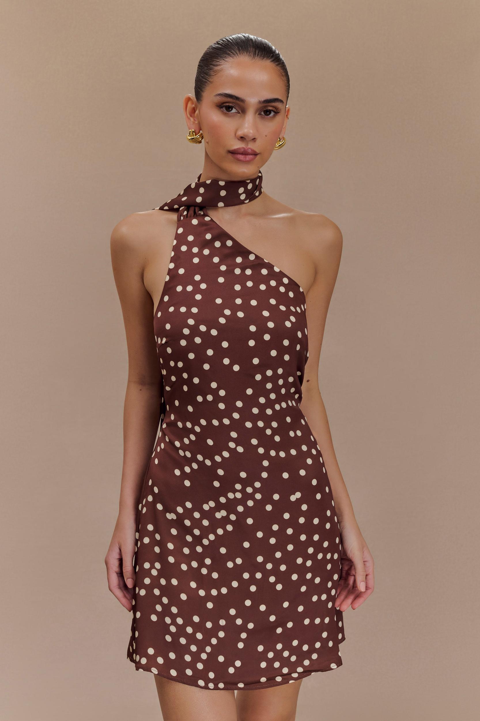 Joan Satin Asymmetrical Mini Dress - Brown Polka Dot Print Product Image