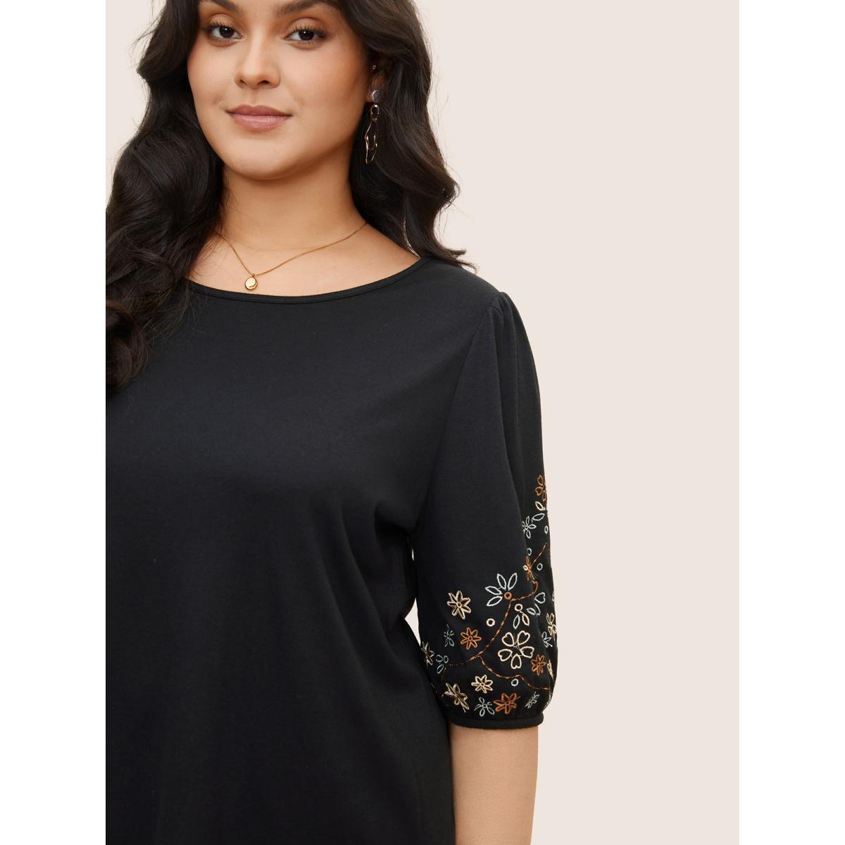 Plus Size Floral Embroidered Crew Neck Puff Sleeve T-shirt Black Women Elegant Embroidered Round Neck Everyday T-shirts BloomChic 18-20/2X Product Image