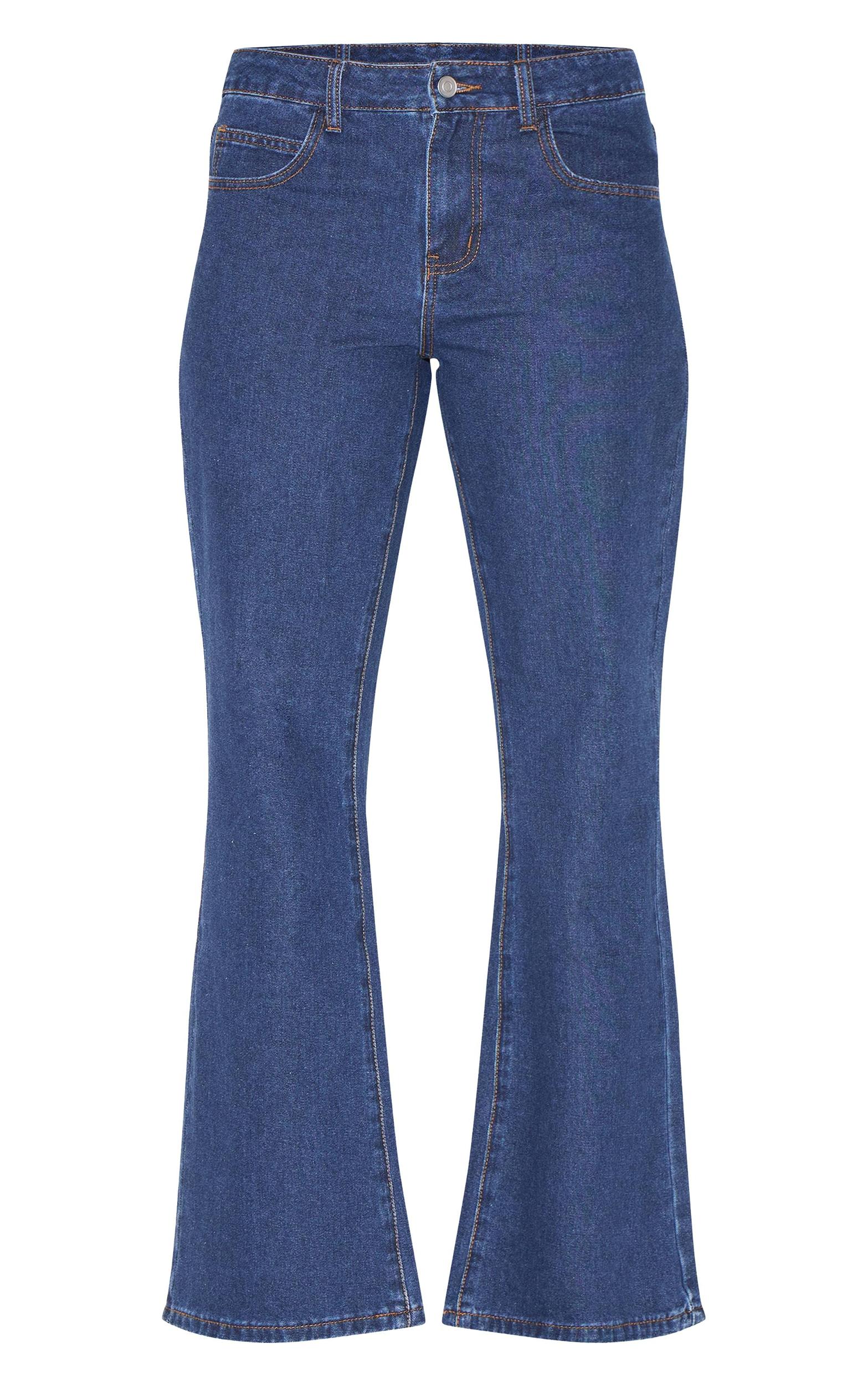 Dark Blue Mid Waist Contrast Stitch Flared Jeans Product Image