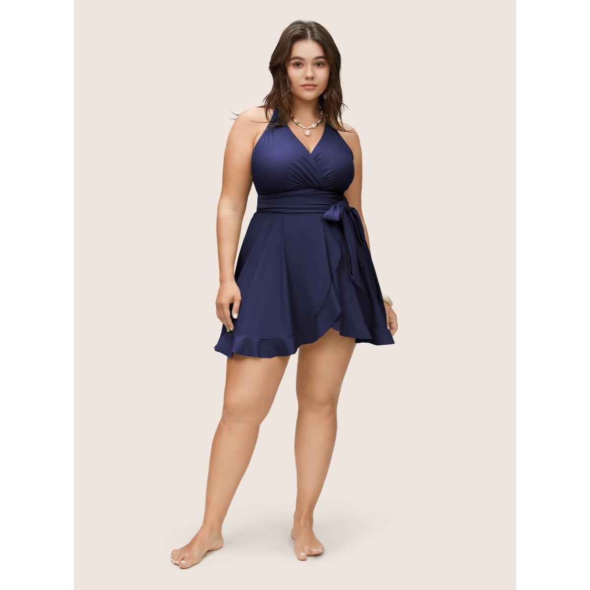 Plus Size Plain Ties Wrap Flutters Swim Dress Women's Swimwear Indigo Beach Bodycon Overlap Collar High stretch Curve Swim Dresses BloomChic 14-16/1X Product Image