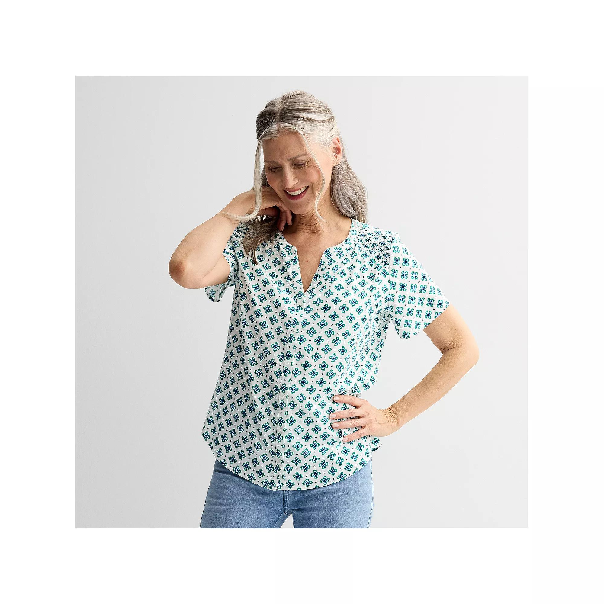 Women's Croft & Barrow® Short Sleeve Femme Blouse, Size: XXL, Green Everyday Tile Product Image