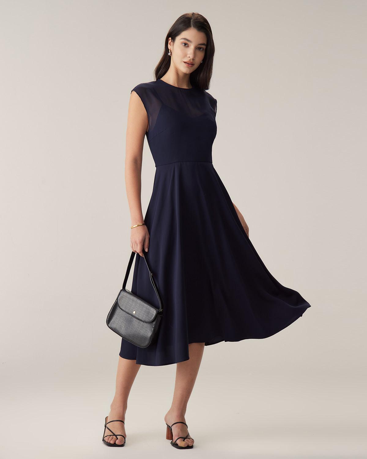 Navy See-through Cap Sleeve Midi Dress Product Image