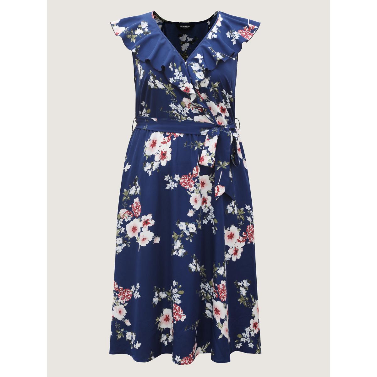 Plus Size Floral Belted Waist Ruffled Pockets Midi Dress DarkBlue Women Timeless Overlap Collar Cap Sleeve Curvy BloomChic 30/6X Product Image
