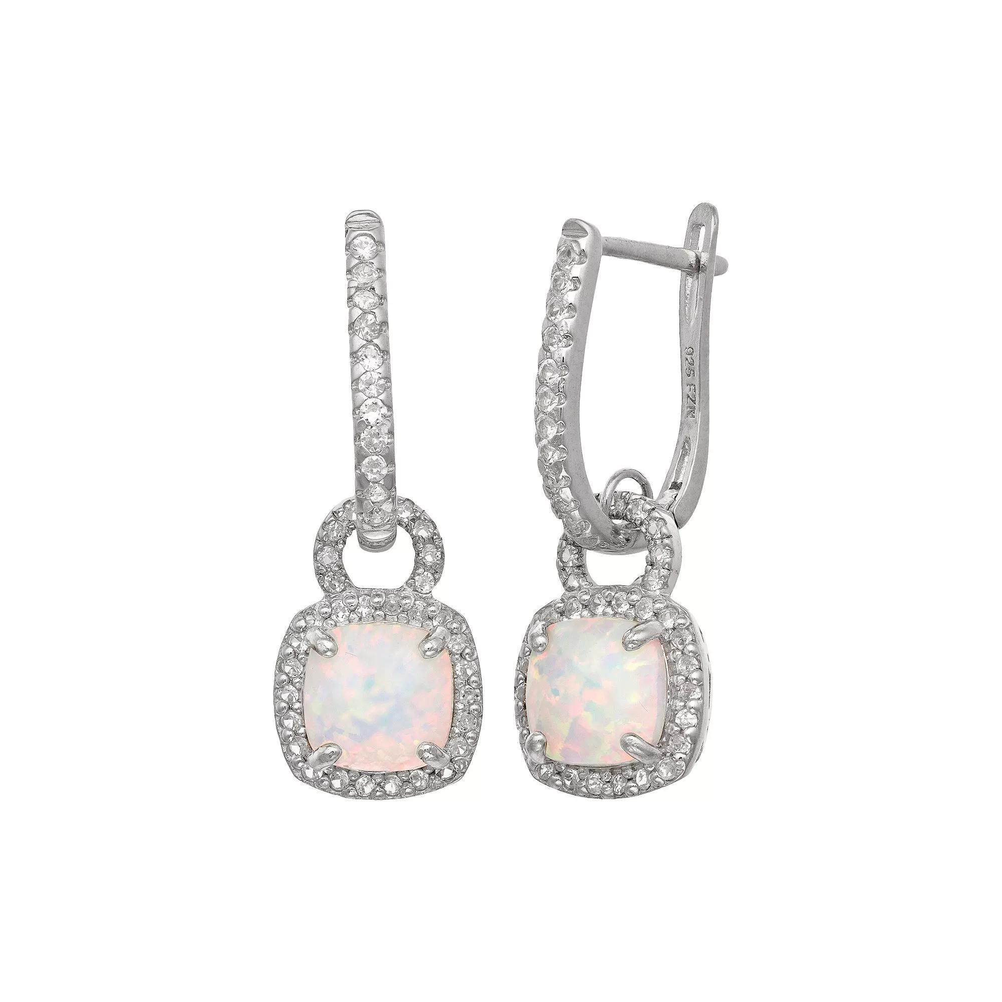 Designs by Gioelli Sterling Silver Lab-Created Opal and Lab-Created White Sapphire Square Halo Drop Earrings, Women's, Multi Product Image