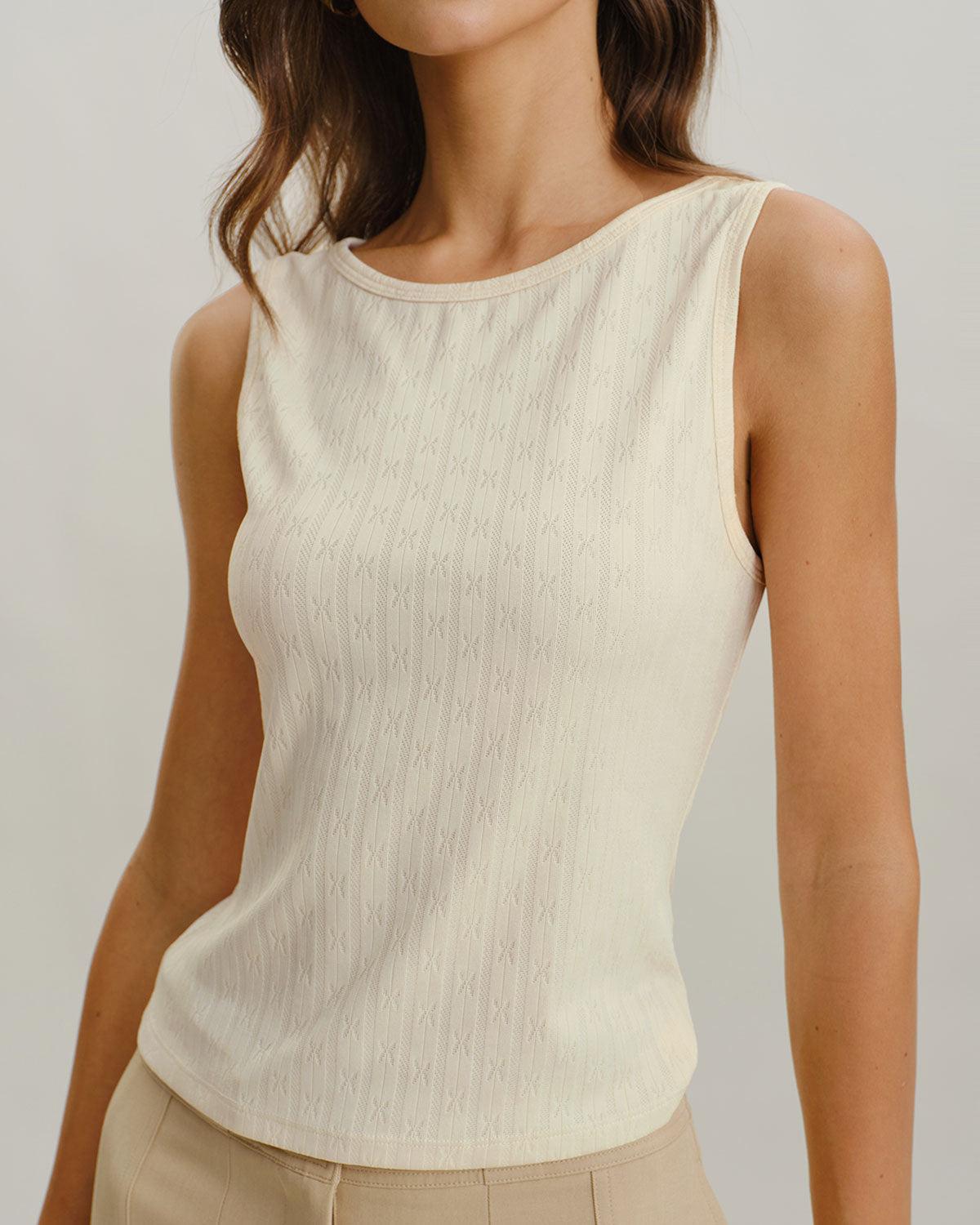 Beige Boat Neck Ribbed Knit Tank Top Product Image