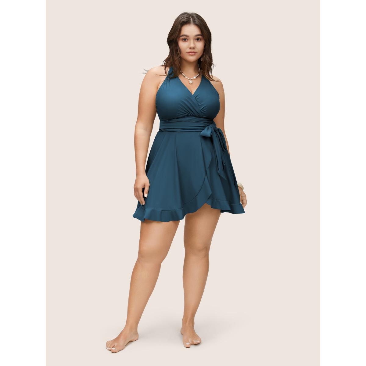Plus Size Plain Ties Wrap Flutters Swim Dress Women's Swimwear Cyan Resort Bodycon Overlap Collar High stretch Curve Swim Dresses BloomChic 18-20/2X Product Image