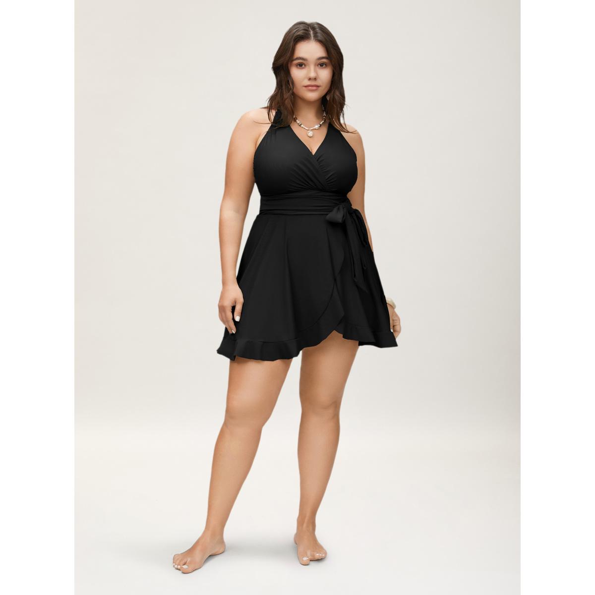 Plus Size Plain Ties Wrap Flutters Swim Dress Women's Swimwear Black Resort Bodycon Overlap Collar High stretch Curve Swim Dresses BloomChic 12/L Product Image