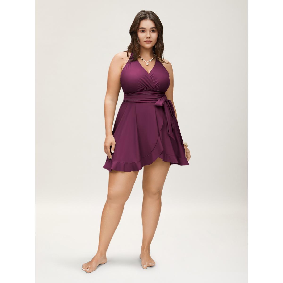 Plus Size Plain Ties Wrap Flutters Swim Dress Women's Swimwear RedViolet Resort Bodycon Overlap Collar High stretch Curve Swim Dresses BloomChic 12/L Product Image