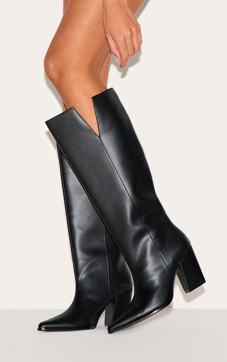 Black PU Point Toe Block Heeled Knee High Boot Product Image