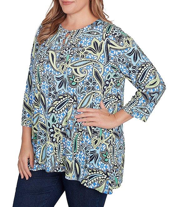 Ruby Rd. Plus Size Balinese Ikat Print Knit Crew Neck Lace Up Front Placket 3/4 Sleeve Top Product Image