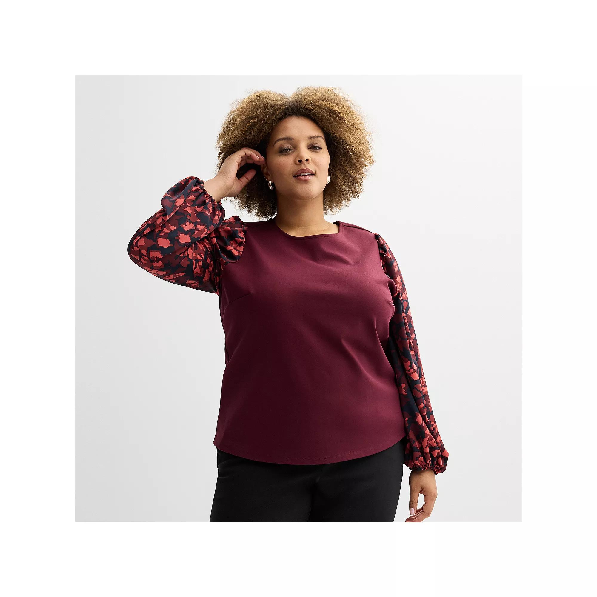 Plus Size Nine West Mixed Long Puff Sleeve Crewneck Top, Women's, Size: 2XL, Black Bold Leaf Product Image