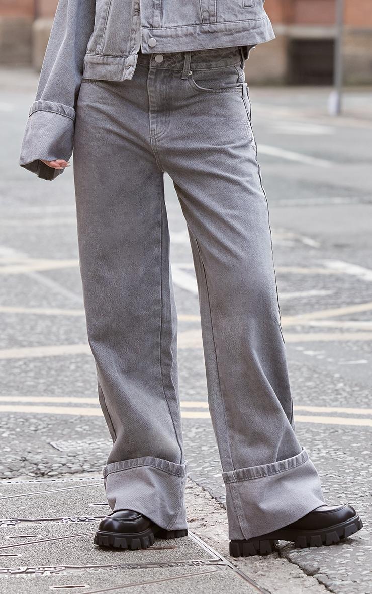 Light Grey Wash Turn Up Hem Wide Leg Jeans Product Image
