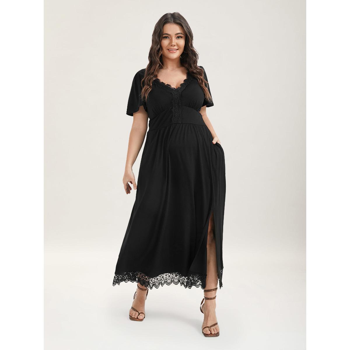 Plus Size Solid Pocket Contrast Lace Split Maxi Dress Black Women Romantic Patchwork V-neck Short sleeve Curvy Long Dress BloomChic 14-16/1X Product Image