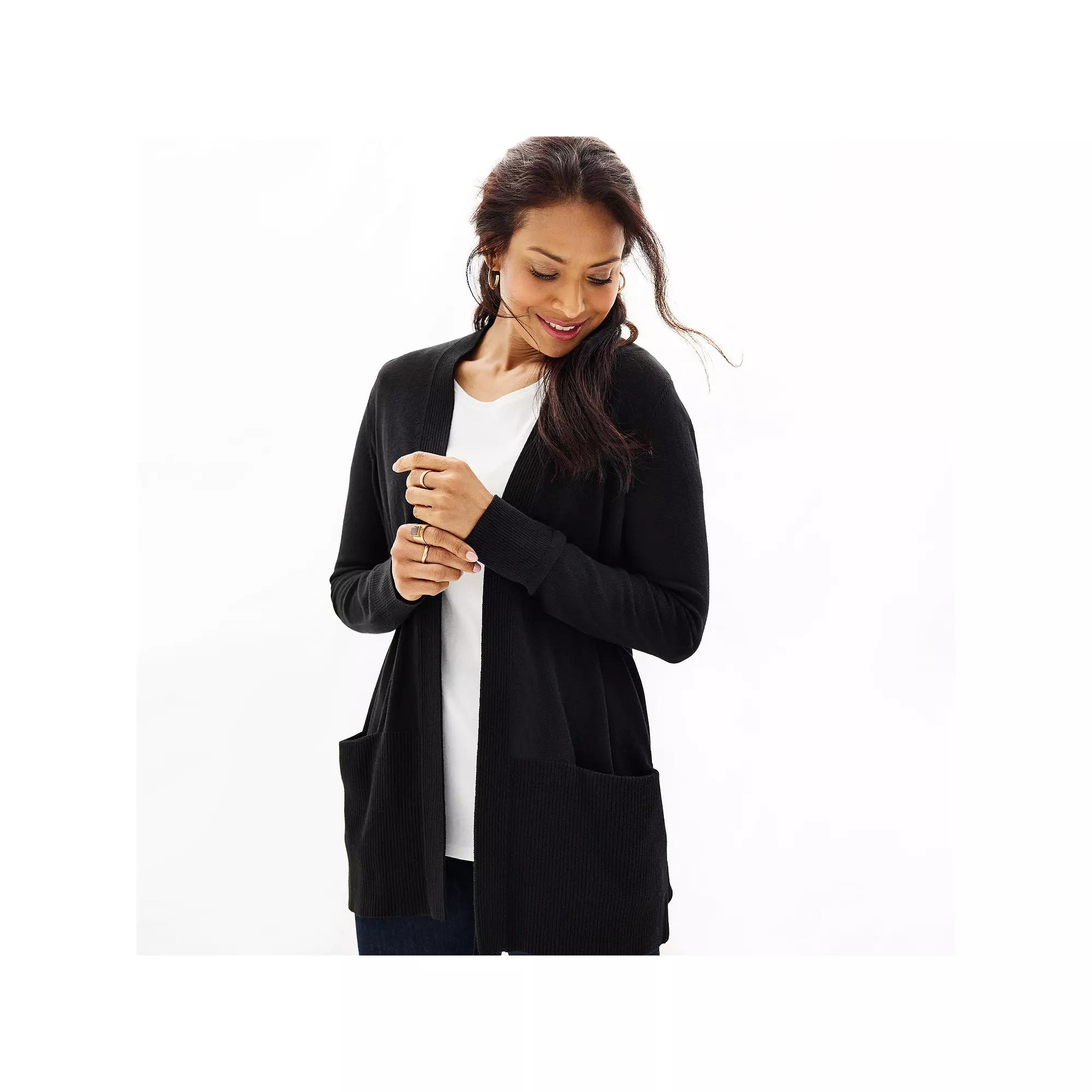 Petite Croft & Barrow® Open-Front Cardigan with Pockets, Women's, Size: Small Petite, Black Product Image