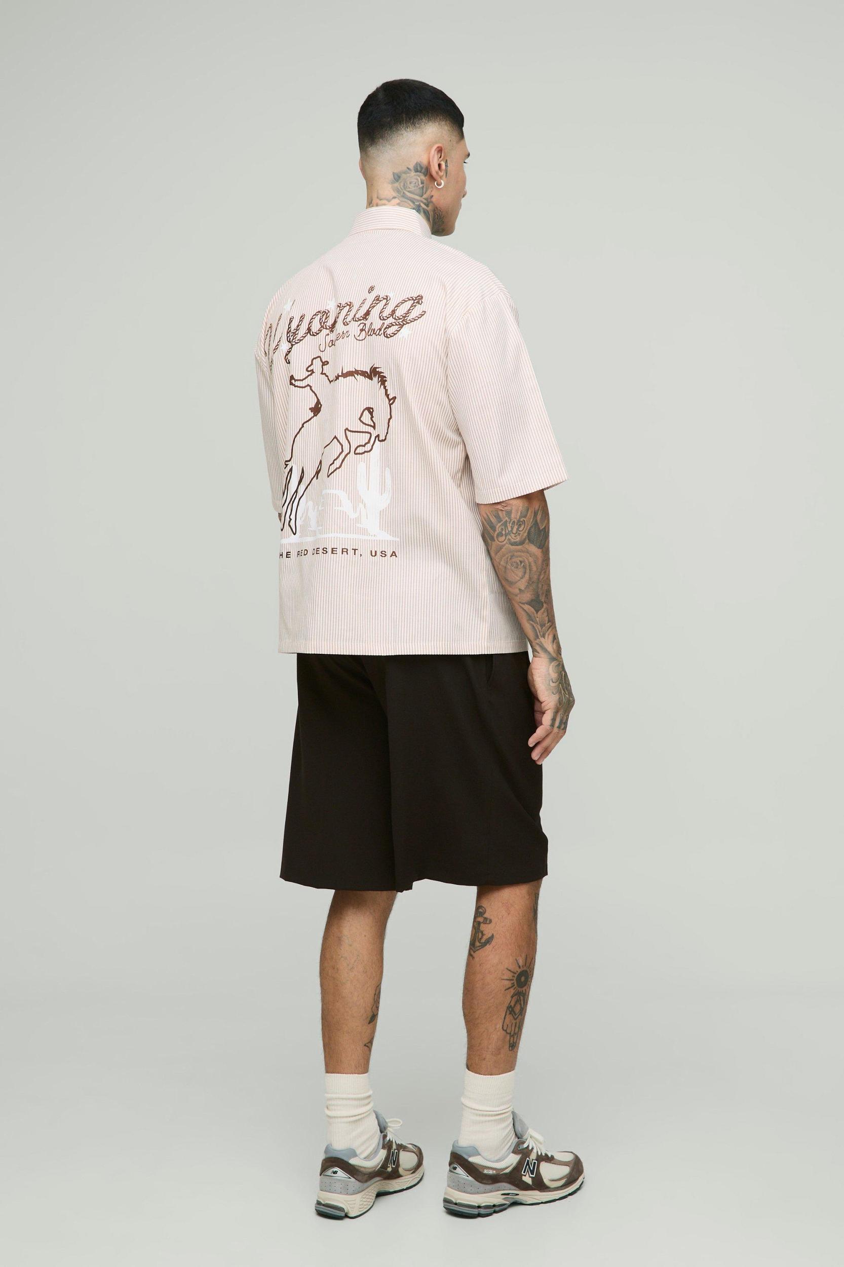 Tall Oversized Western Slogan Stripe Shirt | boohooMAN USA Product Image