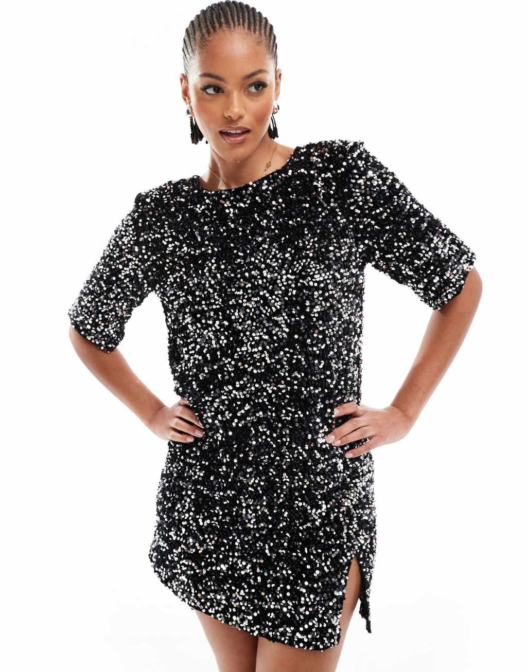 4th & Reckless Tall velvet sequin mini T-shirt dress with open back in black Product Image