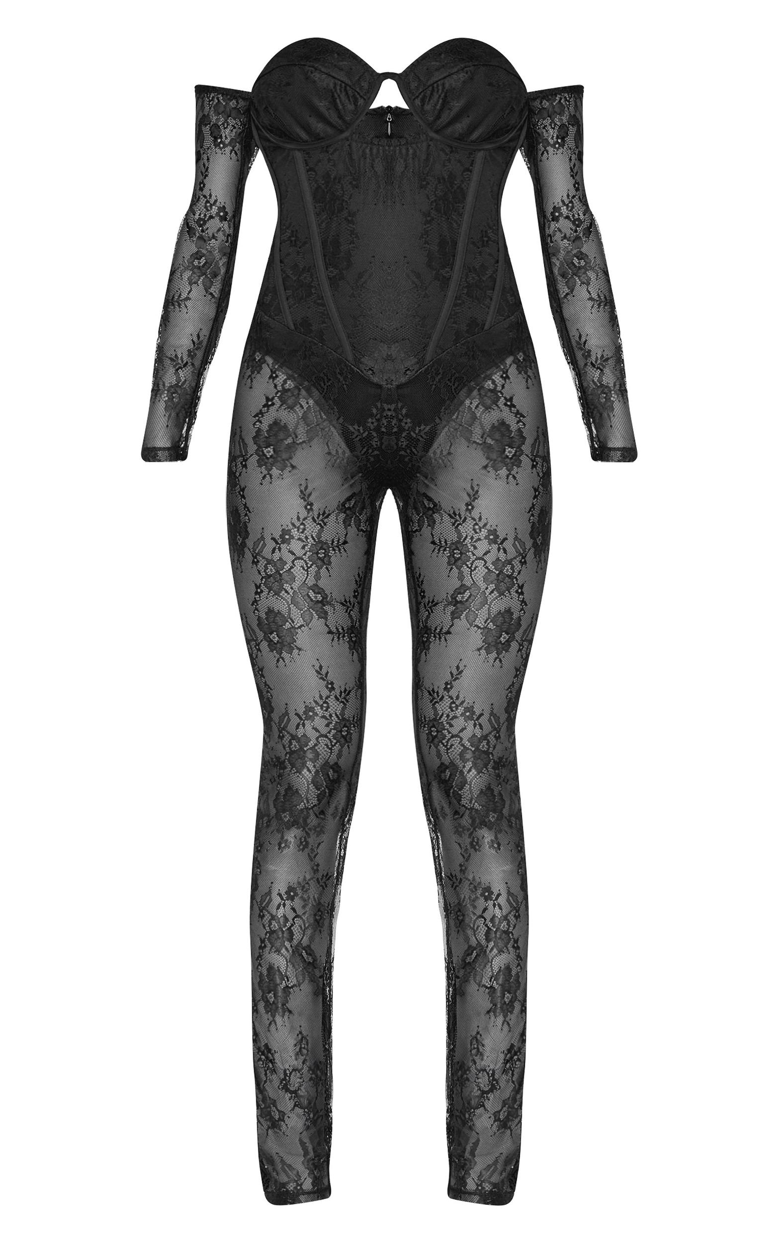 Black Lace Corset Detail Bardot Jumpsuit Product Image