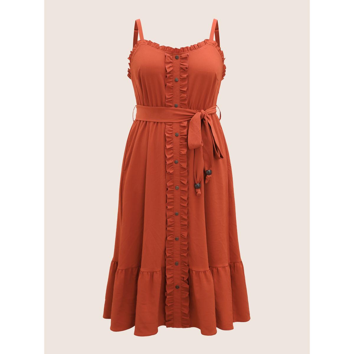 Plus Size Plain Textured Frill Trim Button Detail Dress Russet Women Resort Frill Trim Heart neckline Sleeveless Curvy BloomChic 22-24/3X Product Image