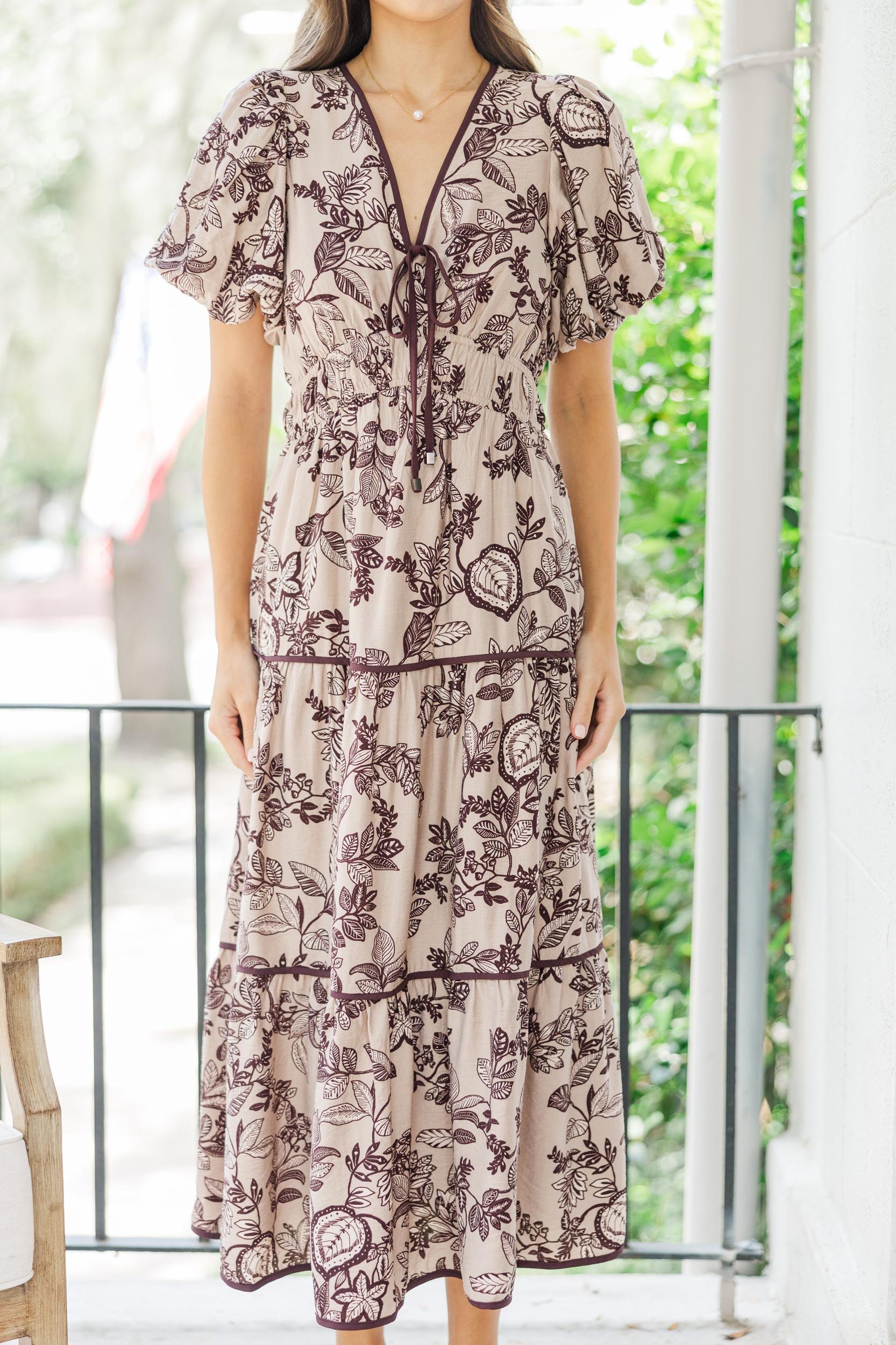 Calling On You Taupe Floral Midi Dress Female Product Image