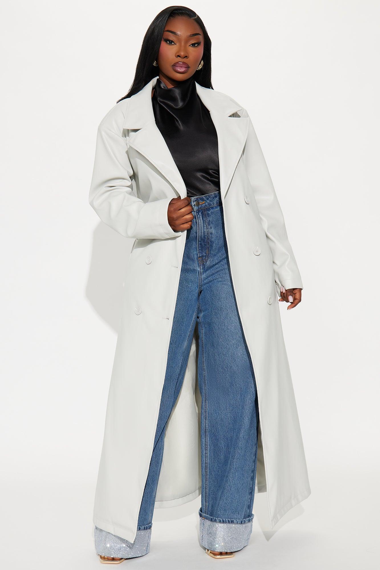 Sidewalk Strut Faux Leather Trench Coat - Light Grey Female Product Image