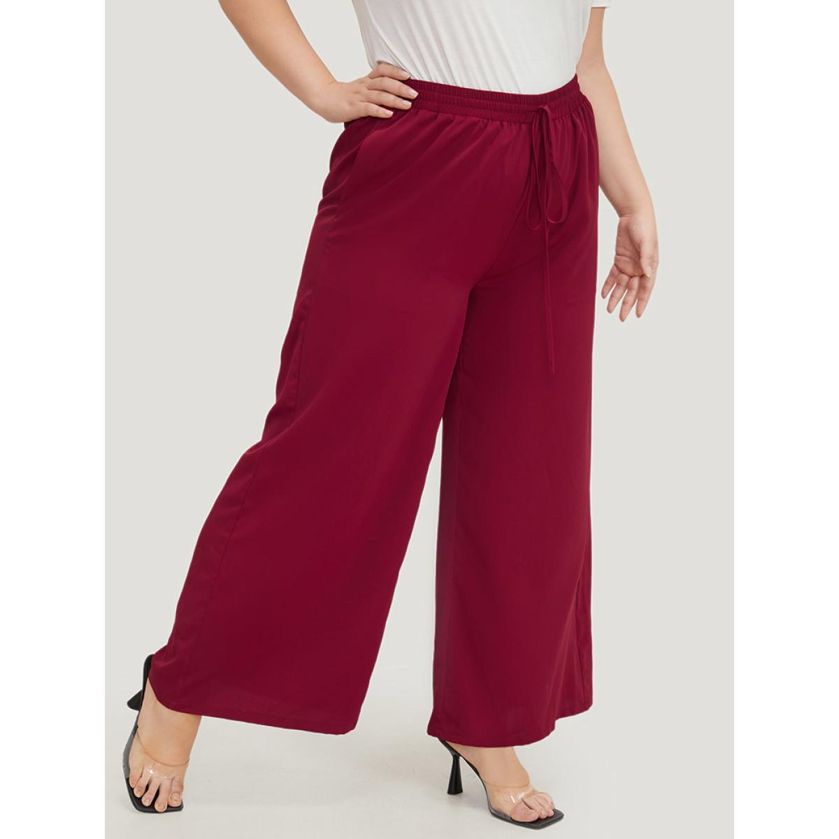 Plus Size Solid Pocket Drawstring Wide Leg Pants Women Burgundy Office Wide Leg High Rise Office Pants BloomChic 14-16/1X Product Image