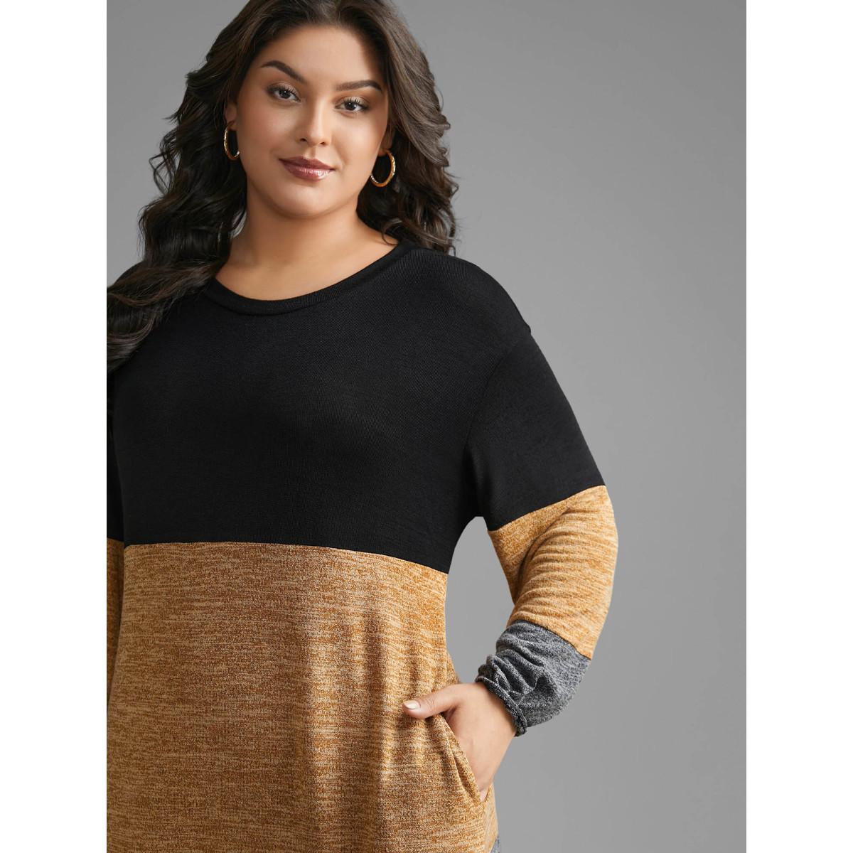 Plus Size Colorblock Contrast Heather Pocket Knit Dress Multicolor Women Casual Contrast Knit Dresses Bloomchic 22-24/3X Product Image