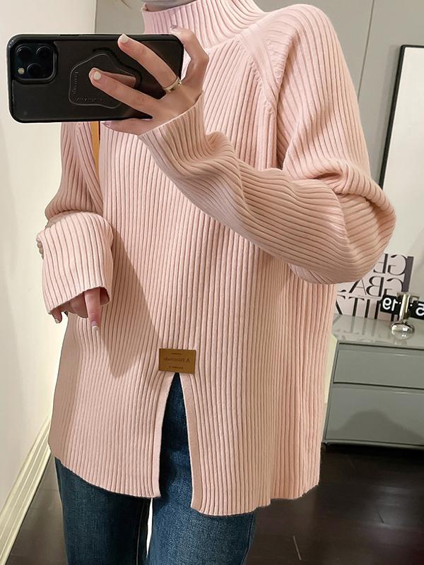 Long Sleeves Loose Split-Front Mock Neck Pullovers Sweater Tops Product Image
