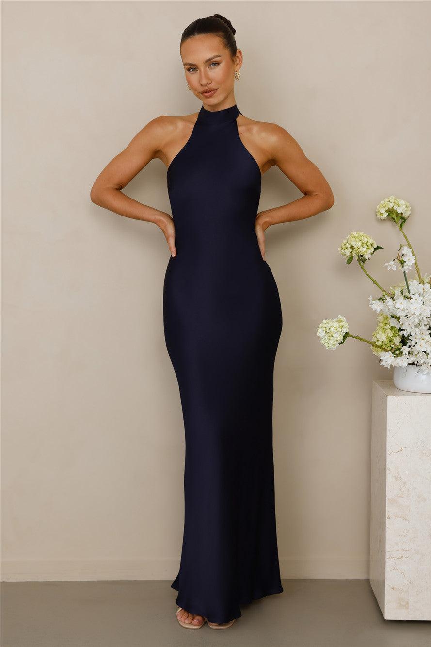 The Cleo Halter Satin Maxi Dress Navy Product Image