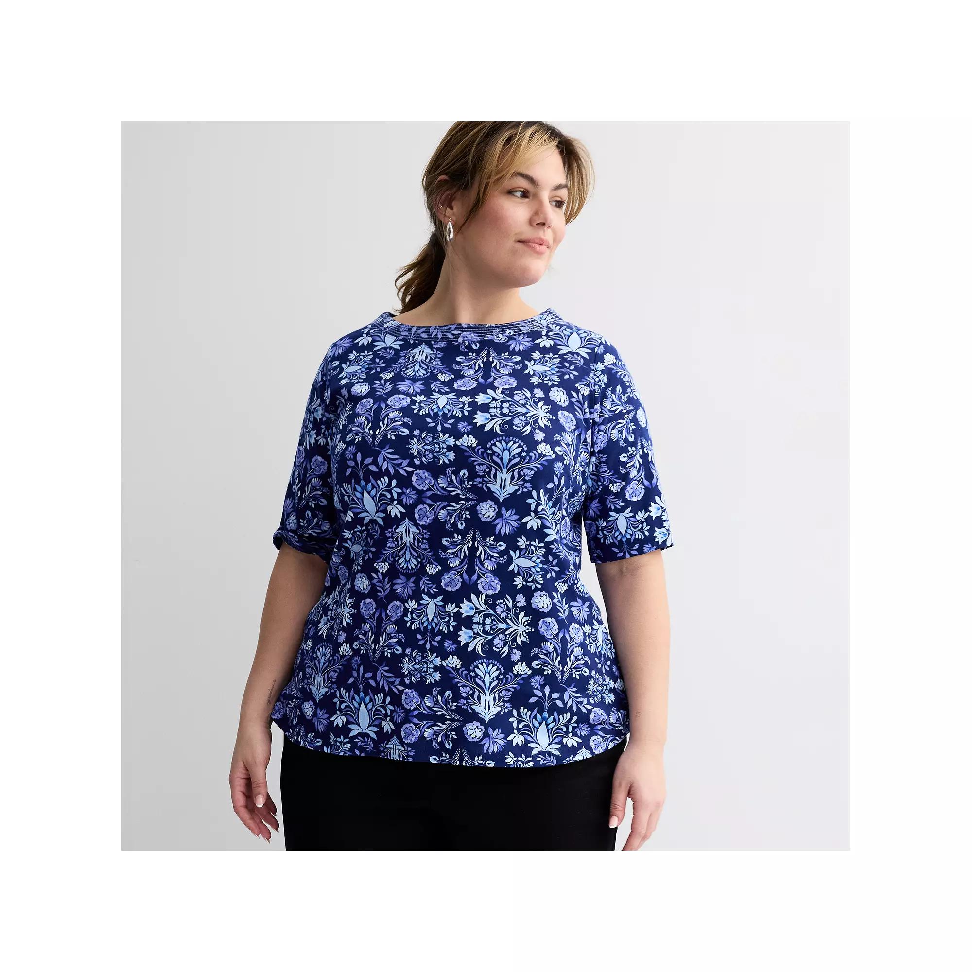 Plus Size Croft & Barrow® Stitched Bateau Elbow Sleeve T-Shirt, Women's, Size: 2XL, Blue Spring Tile Product Image