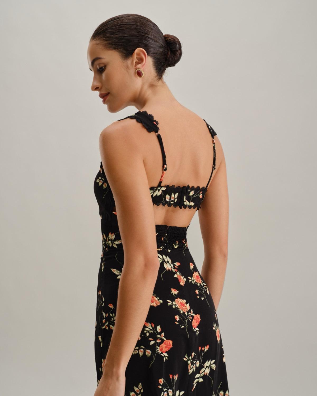 Black Floral Shirred Slip Maxi Dress Product Image