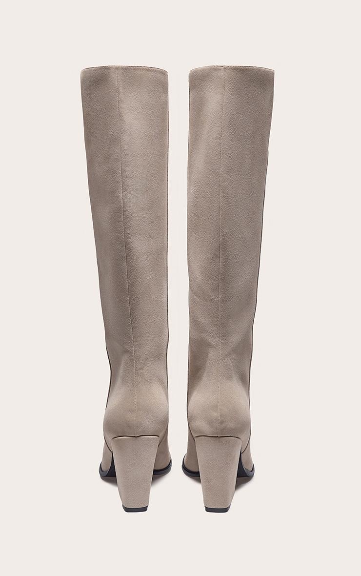 Cream Faux Suede Point Toe Block Heeled Knee High Boot Product Image
